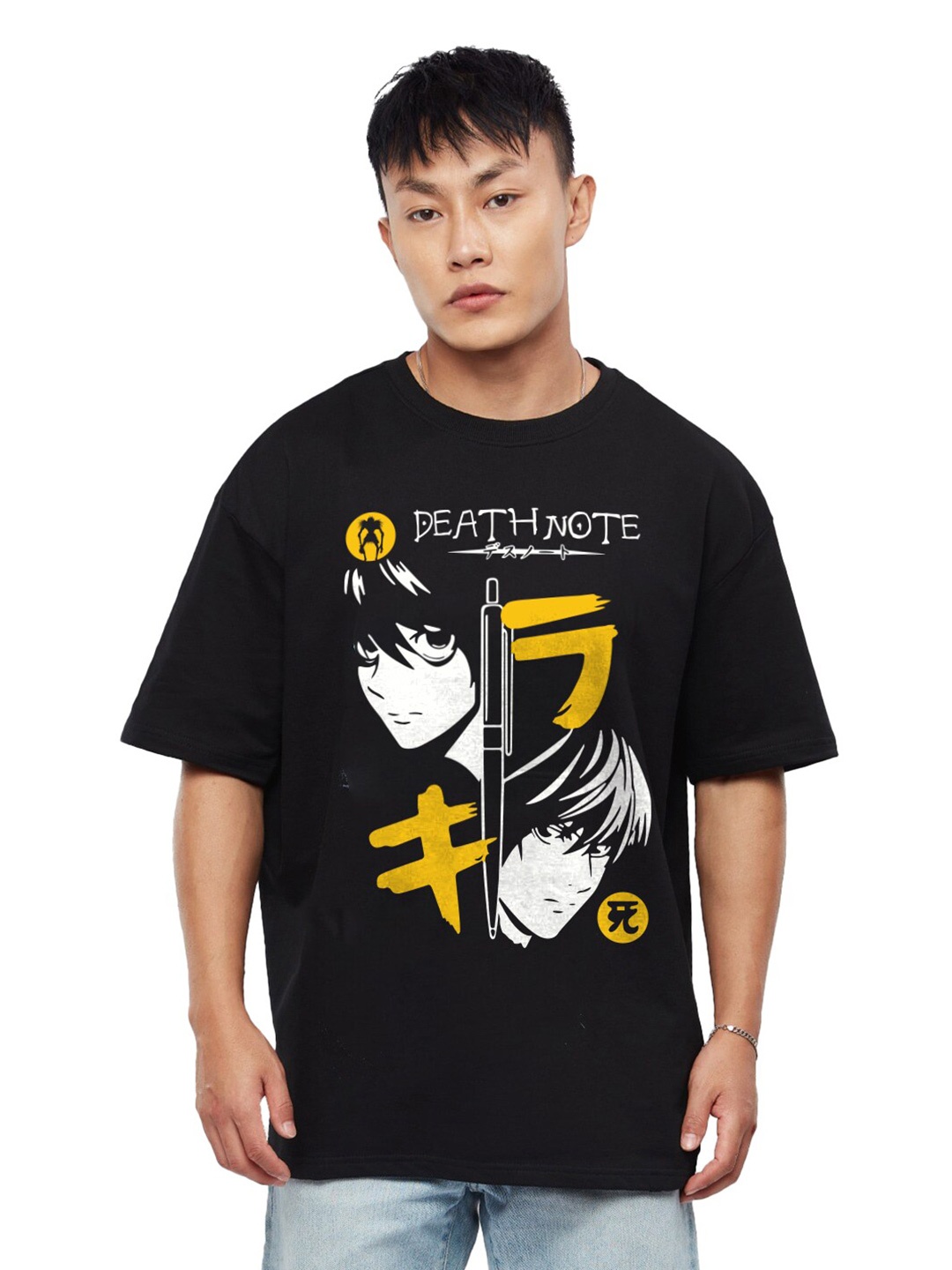 

Crazymonk Unisex Death Note L And Kira Printed Cotton Anime Oversized T-shirt, Black