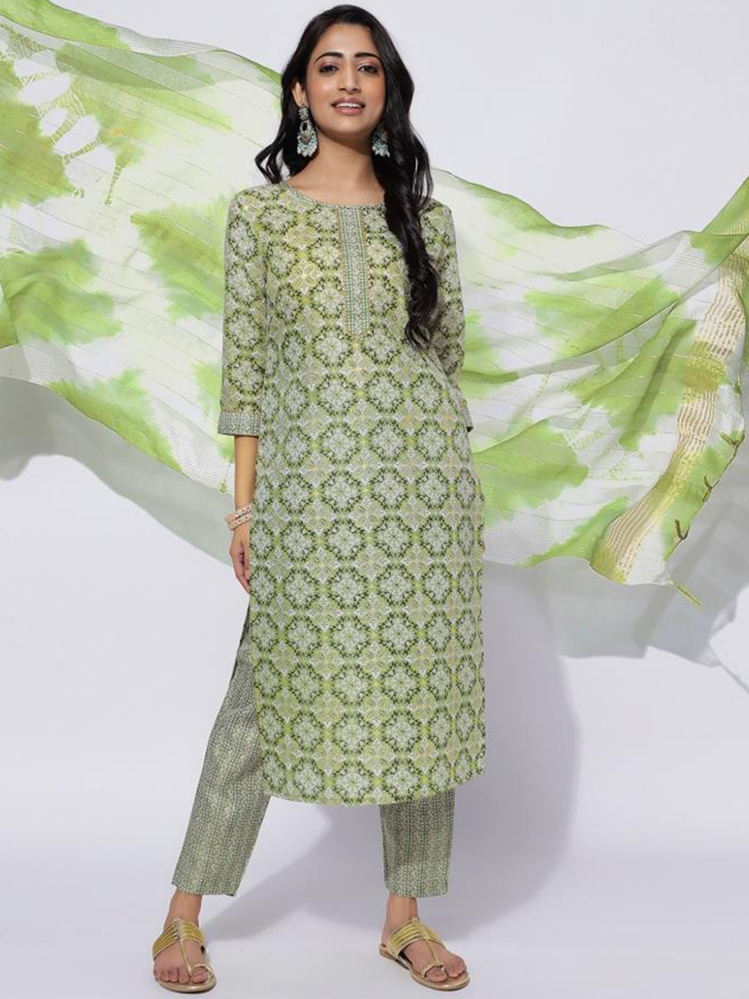 

Twika Ethnic Motifs Printed Gotta Patti Boat Neck Straight Kurta With Trousers & Dupatta, Green