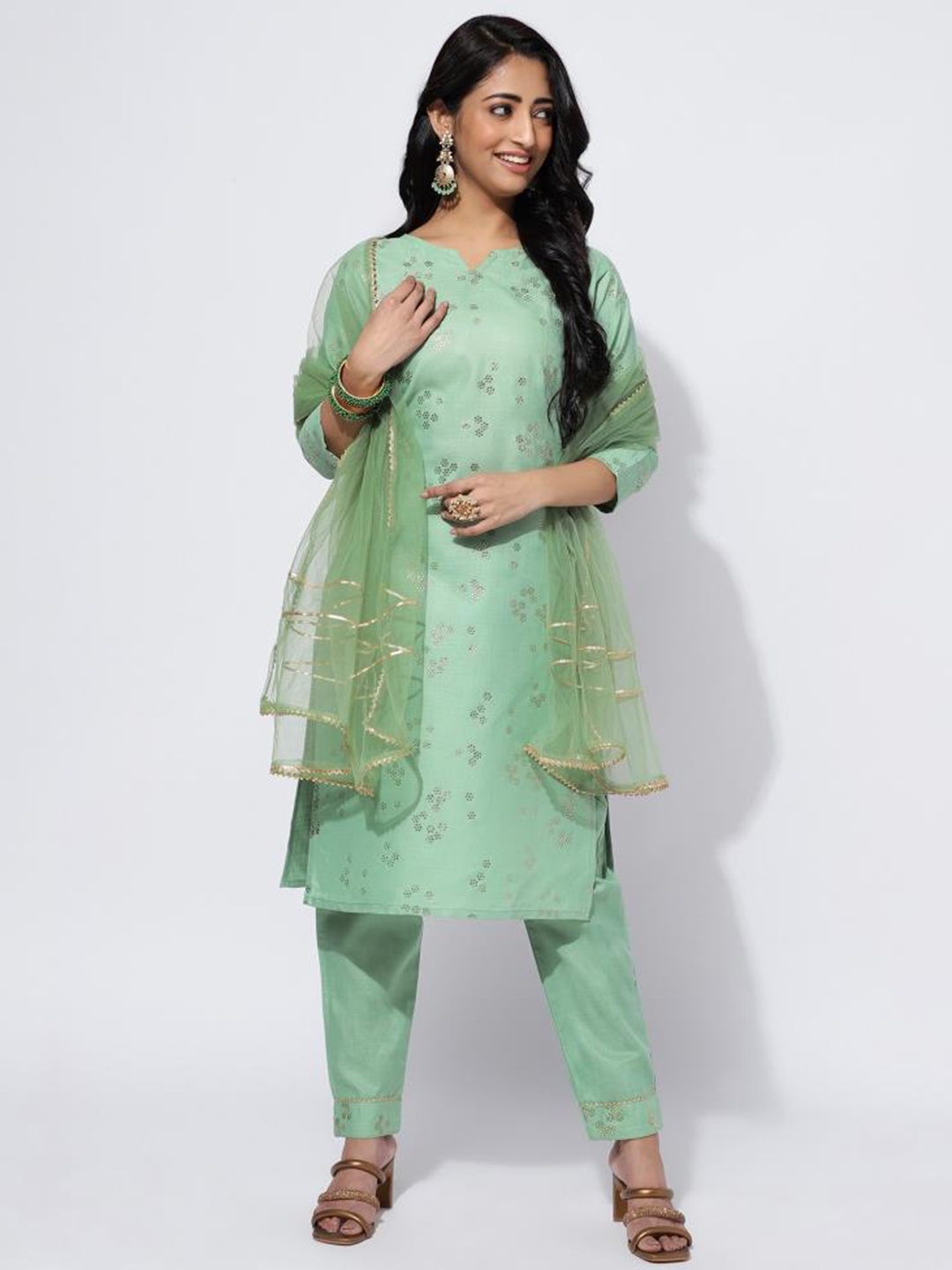 

Twika Floral Sequinned Notch Neck Straight Kurta With Trousers & Dupatta, Lime green