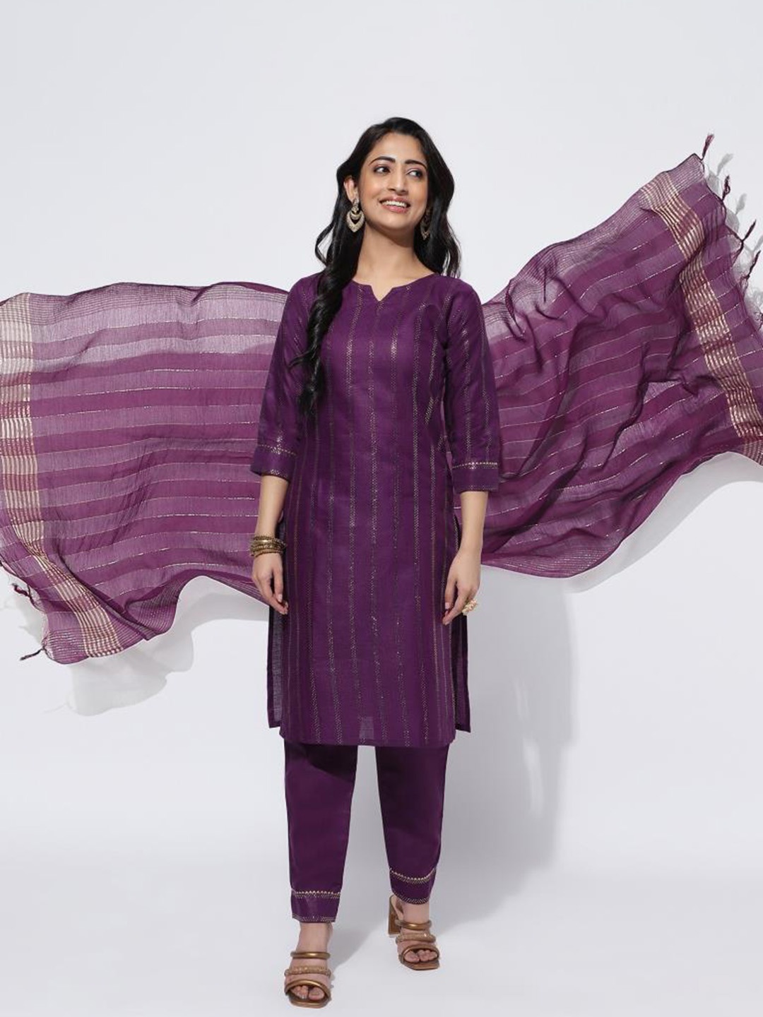 

Twika Printed Notch Neck Straight Kurta With Trousers & Dupatta, Purple