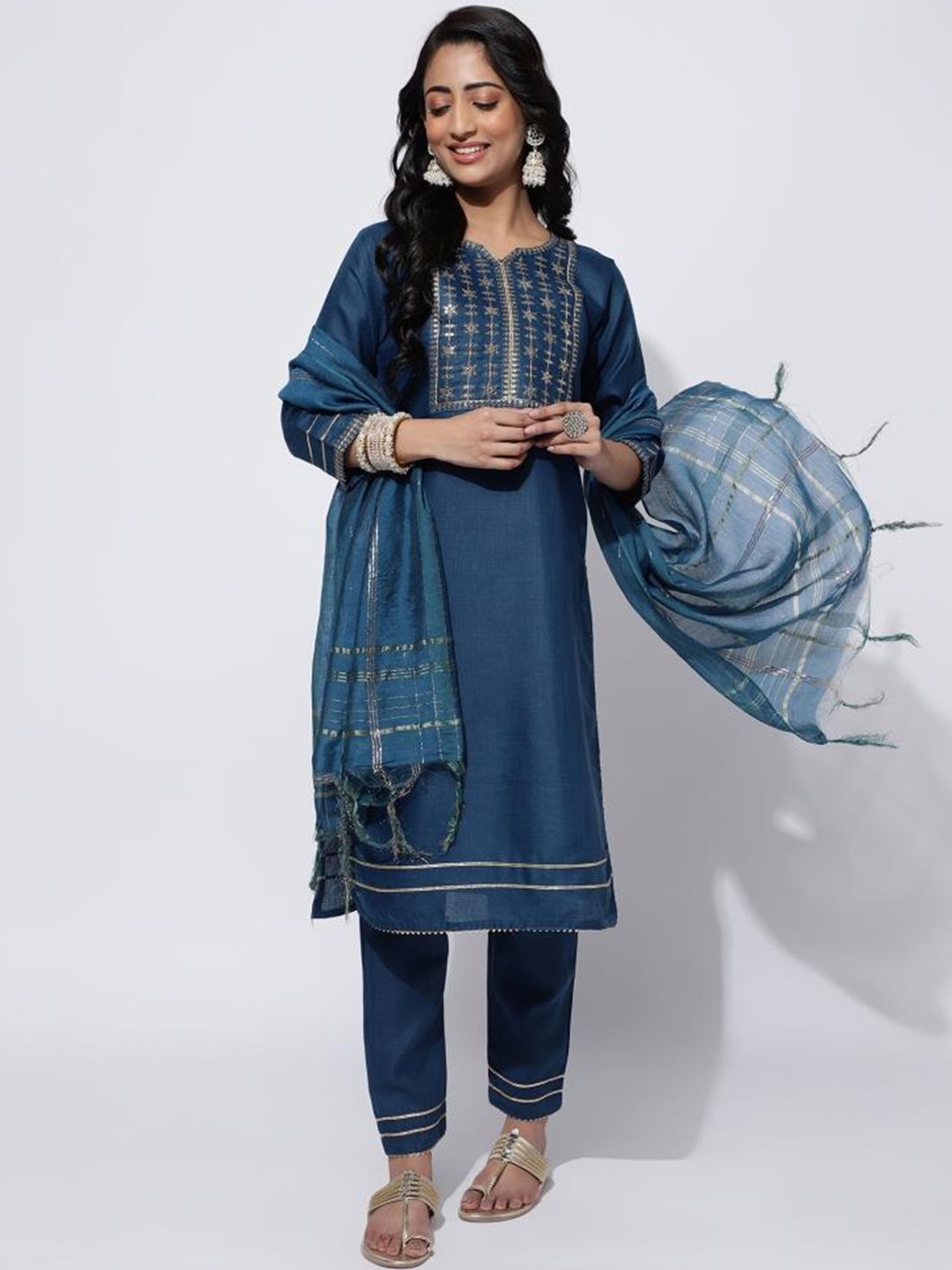 

Twika Women Teal Embroidered Regular Kurti with Trousers & With Dupatta