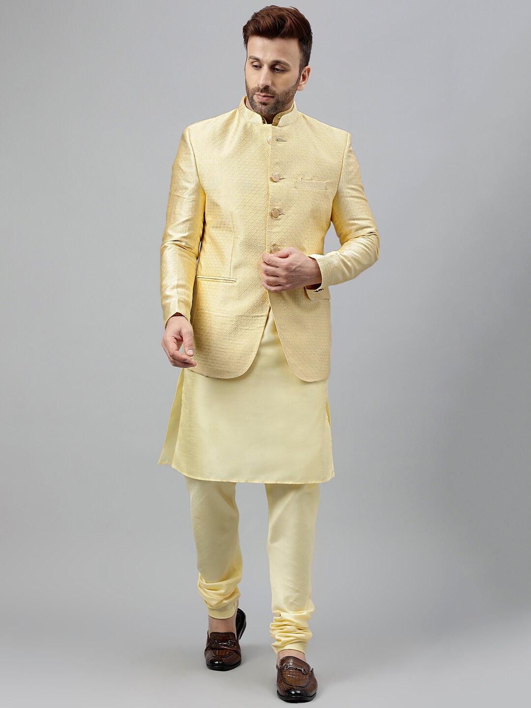 

hangup trend Geometric Mandarin Collar Kurta with Pyjamas, Yellow