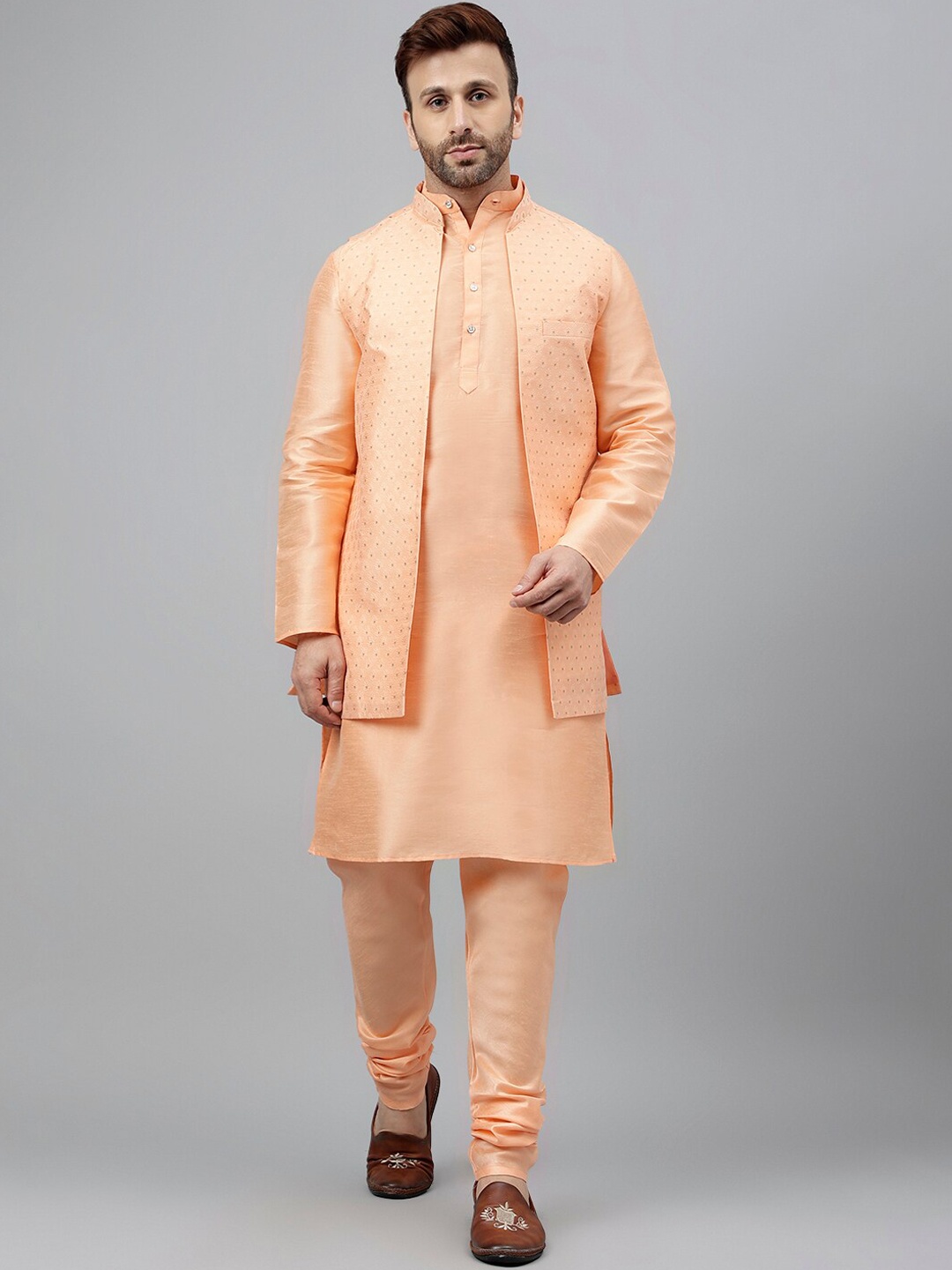 

hangup trend Floral Mandarin Collar Kurta with Pyjamas, Peach