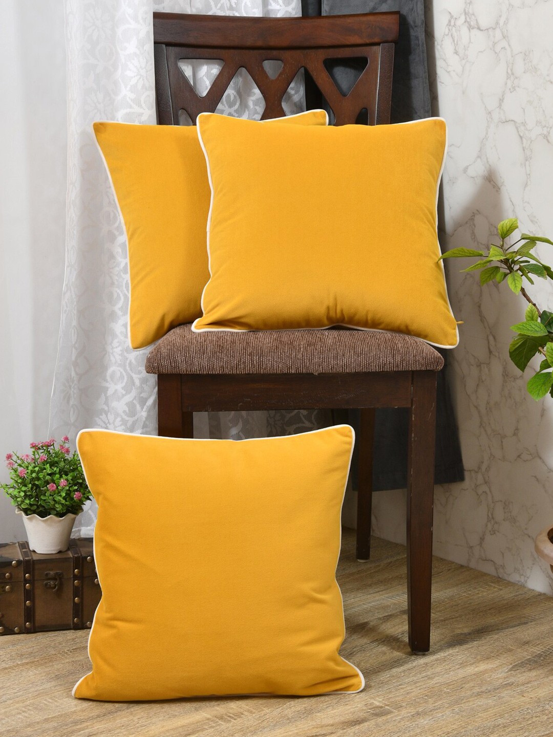 

Clasiko Yellow & White 3 Pieces Velvet Square Cushion Covers