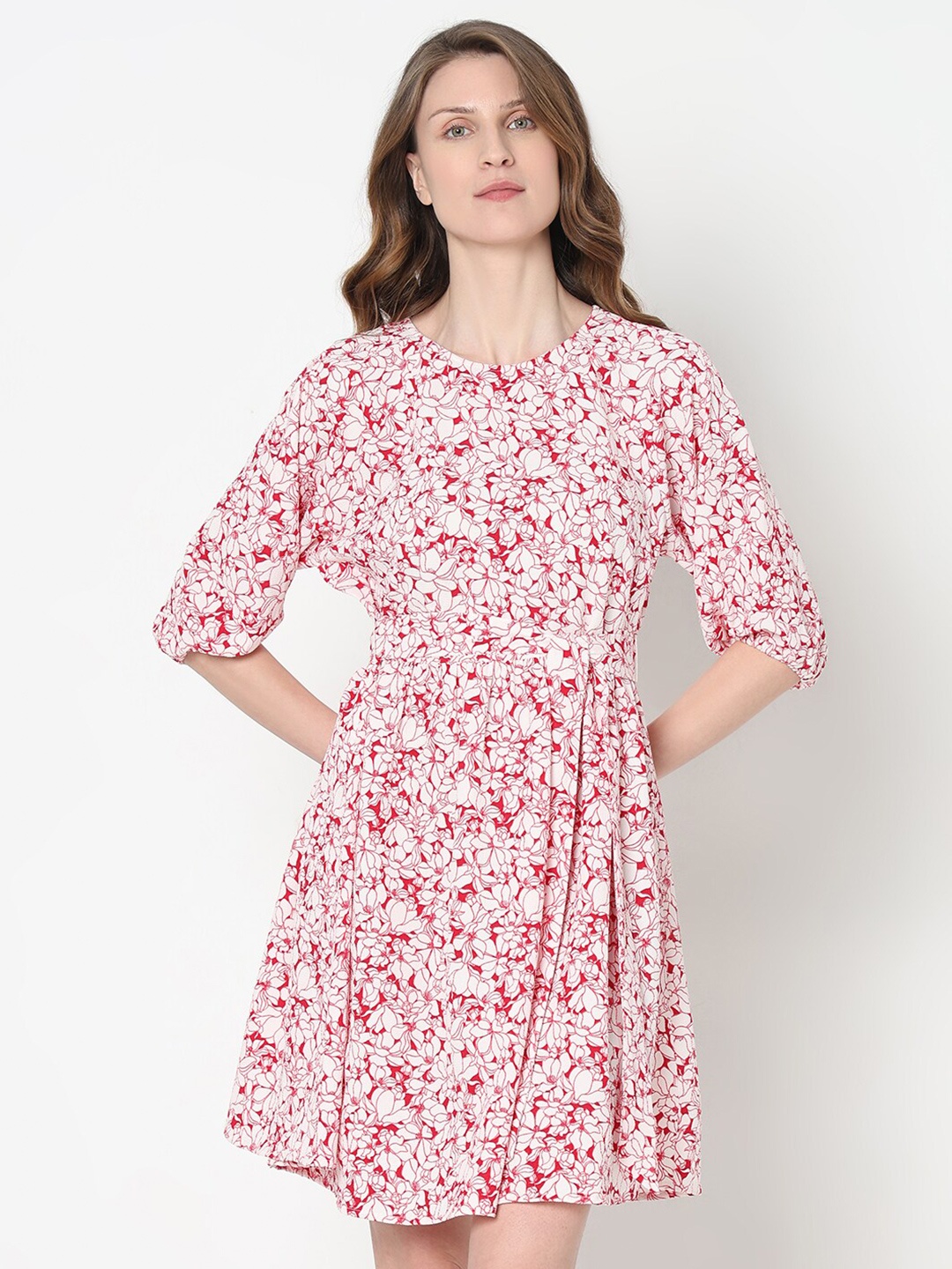

Vero Moda Floral Print Bishop Sleeve A-Line Mini Dress, Red