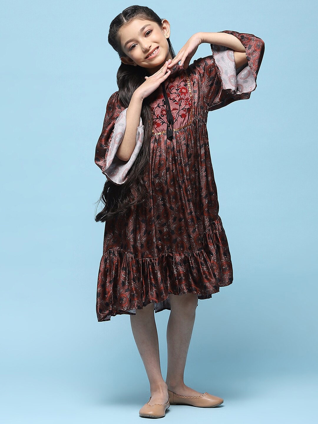 

Biba Girls Floral Printed Cotton A-Line Dress, Brown