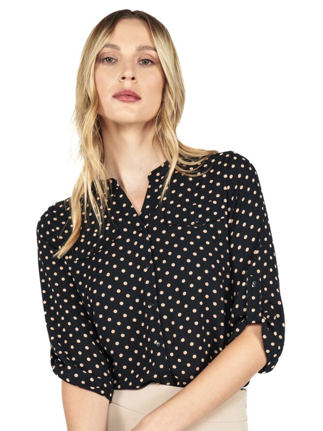 

COVER STORY Black Polka Dots Printed Mandarin Collar Casual Shirt