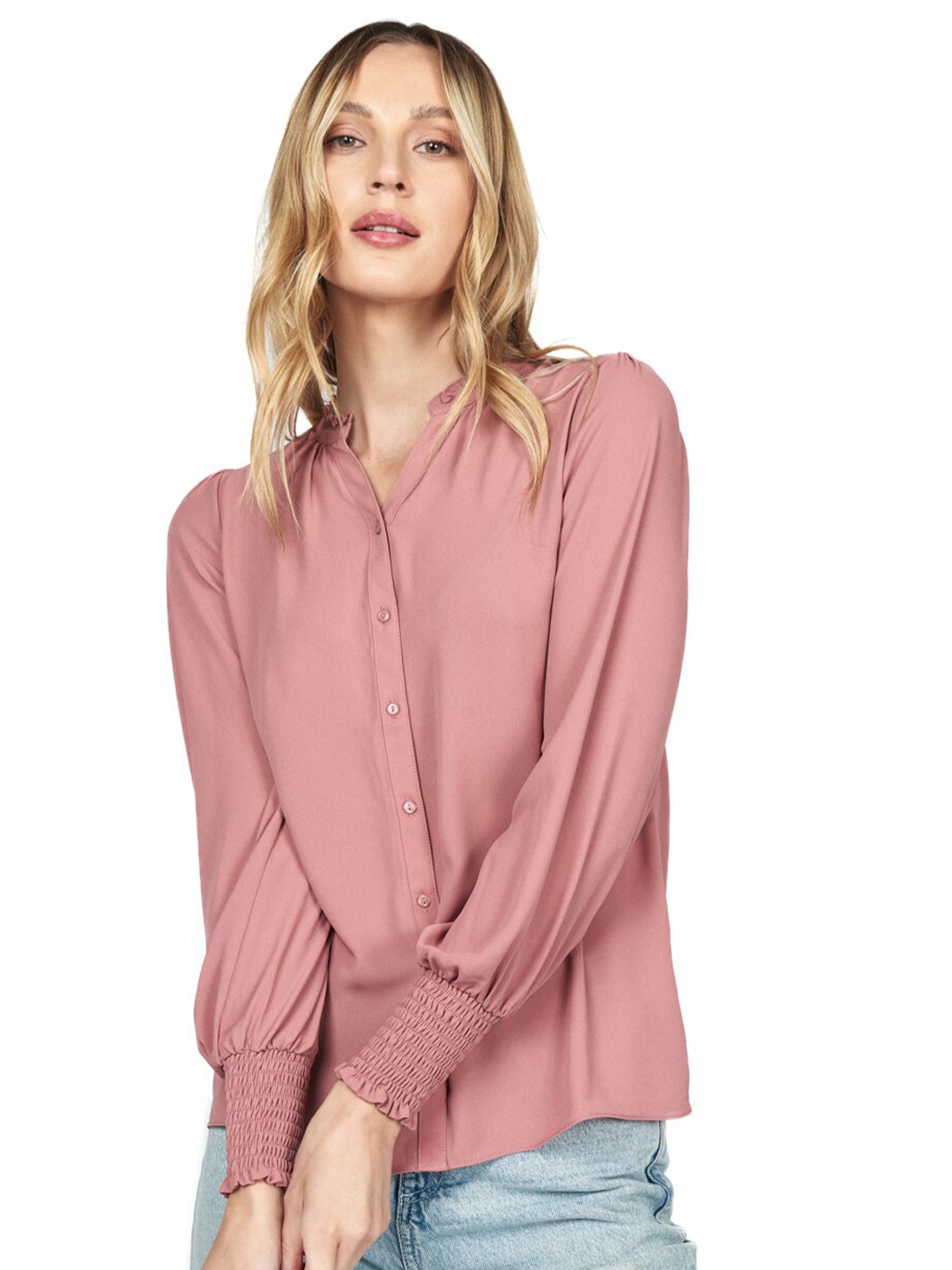 

COVER STORY Pink Mandarin Collar Casual Shirt