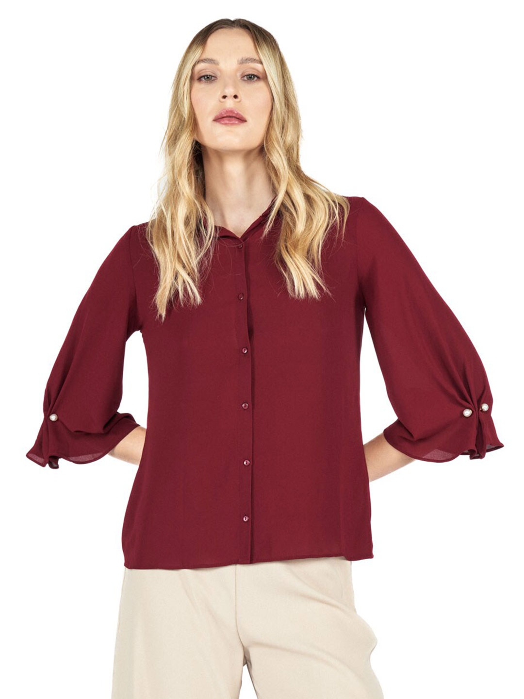 

COVER STORY Maroon Spread Collar Casual Shirt