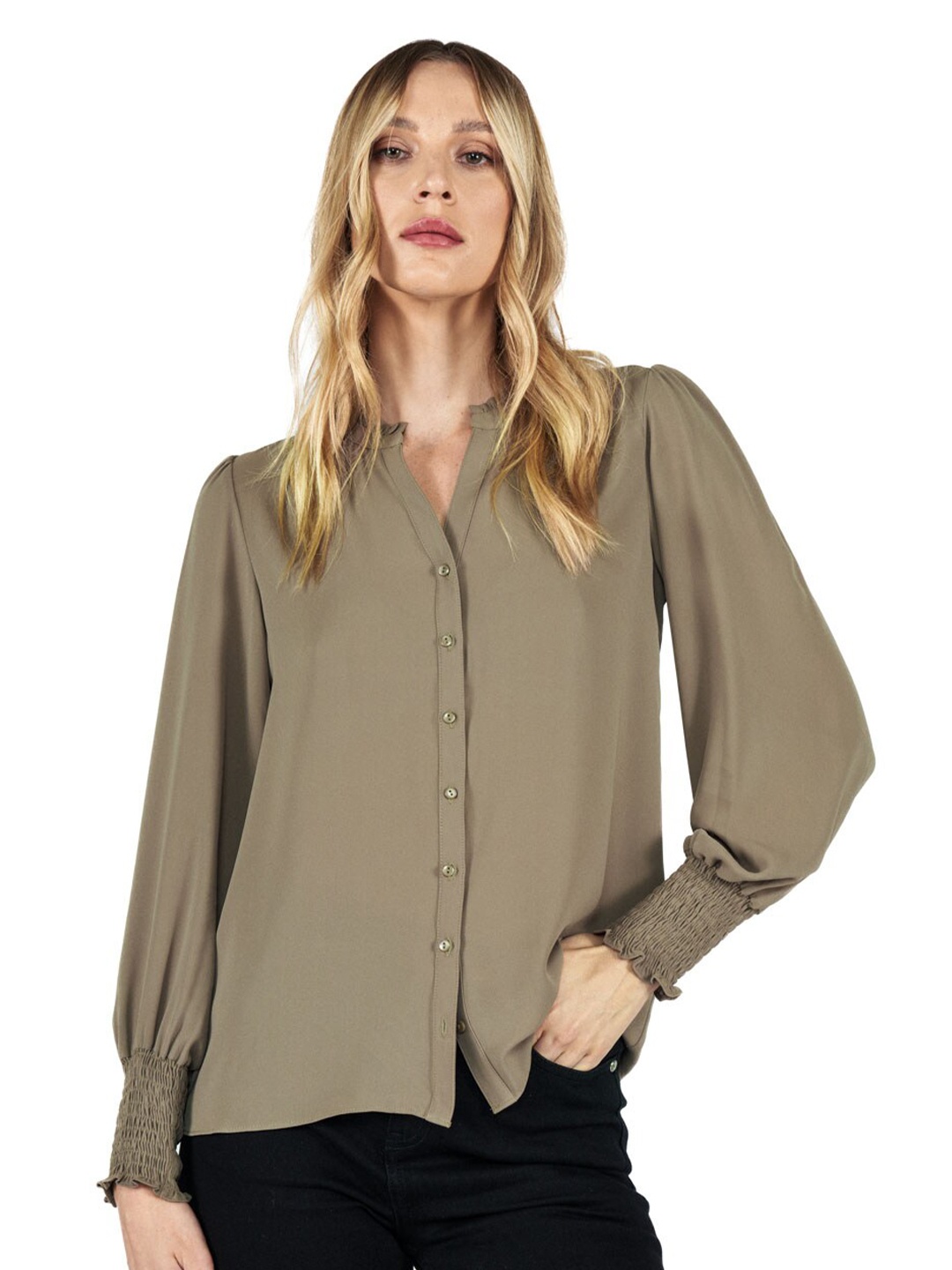 

COVER STORY Olive Green Mandarin Collar Casual Shirt