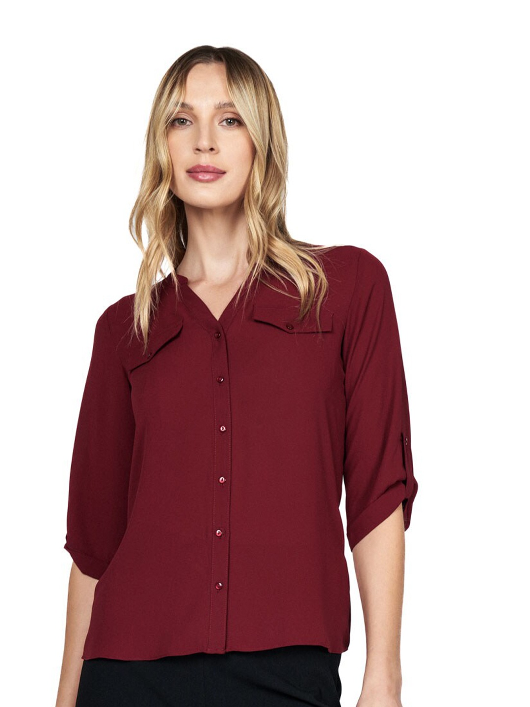 

COVER STORY Maroon Mandarin Collar Formal Shirt