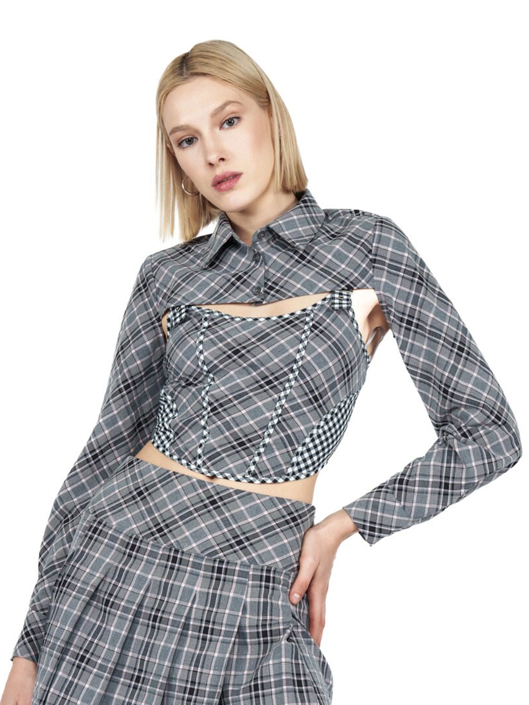 

COVER STORY Grey Checked Corset Crop Shirt