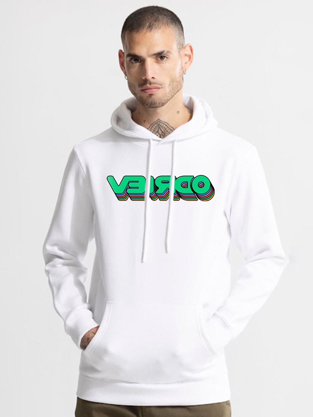 

VEIRDO White Typography Printed Hooded Fleece Sweatshirt