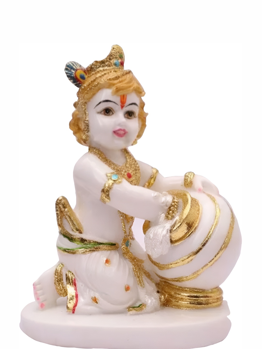 

krishnagallery1 White & Gold Toned Marble Makhan Krishna Decorative Showpiece