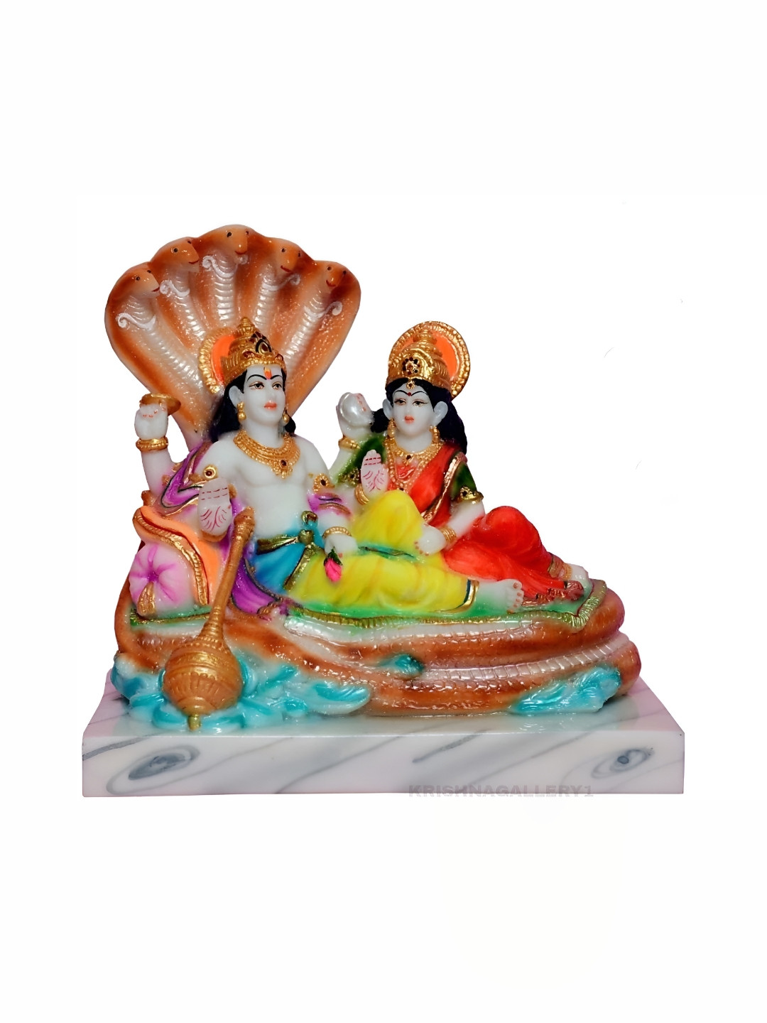 

krishnagallery1 White & Gold Toned Marble Vishnu Laxmi Murti Decorative Showpiece