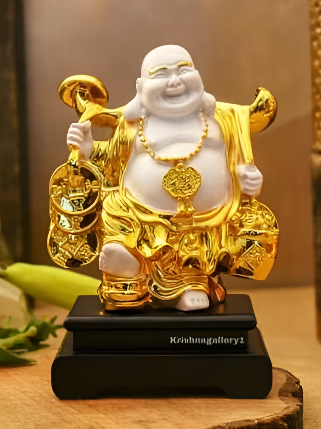 

krishnagallery1 White & Gold Toned Feng Shui Laughing Buddha Showpiece