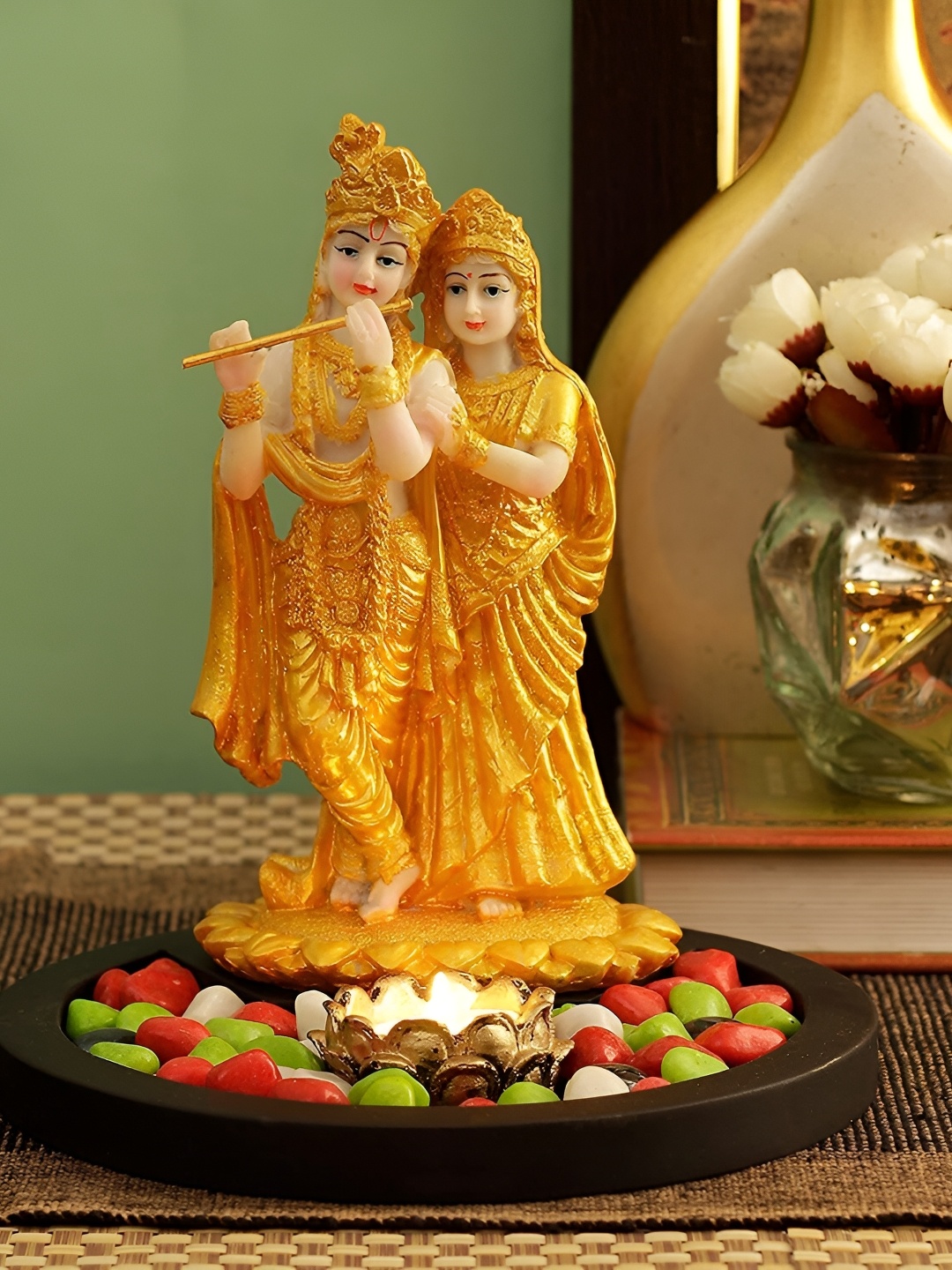 

krishnagallery1 Cream & Gold Toned Marble Lord Radha Krishna Murti Decorative Showpiece