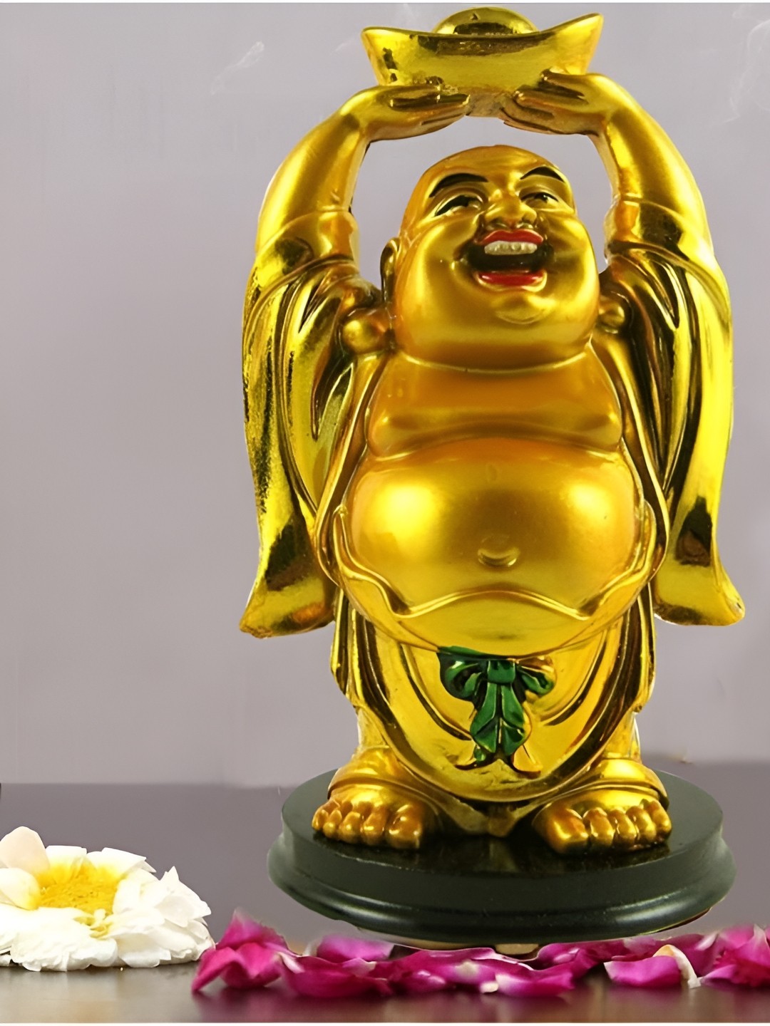 

krishnagallery1 Gold Toned Wooden Base Feng Shui Laughing Buddha Decorative Showpiece
