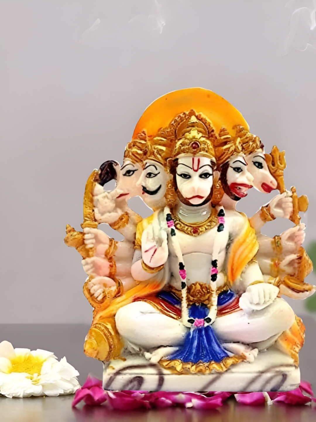 

krishnagallery1 Beige Marble Panchmukhi Sitting Hanuman Ji Showpiece