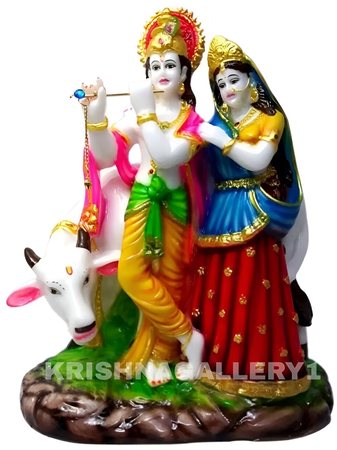 

krishnagallery1 White & Gold Toned Marble Standing Krishna Statue Decorative Showpiece