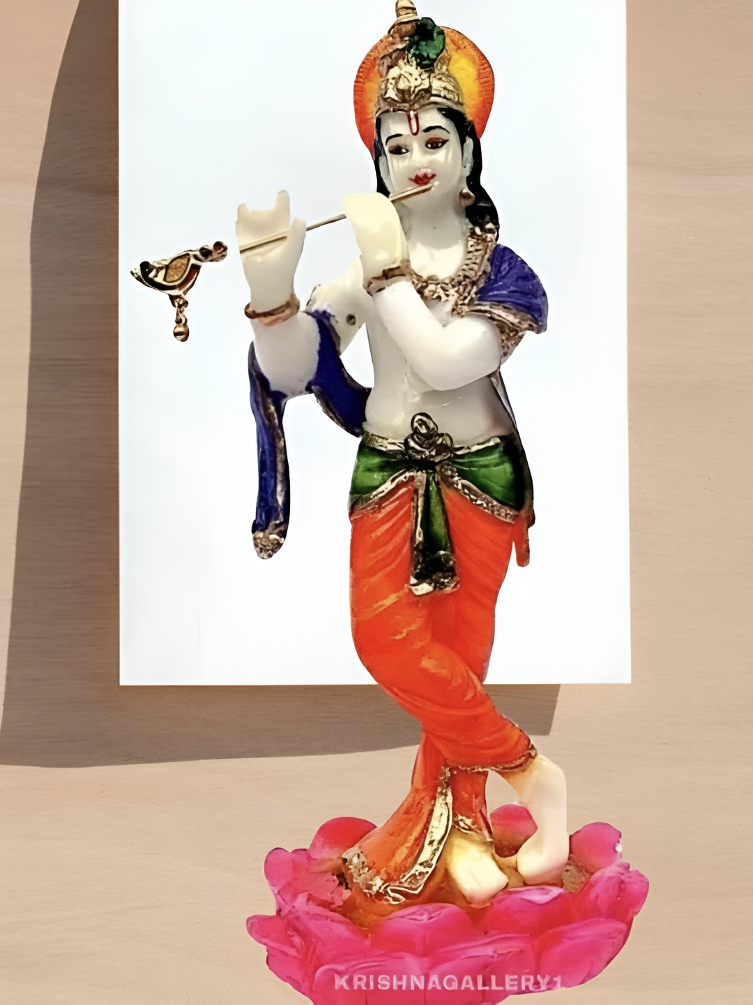 

krishnagallery1 White & Orange Standing Lord Krishna Statue Murti Marble Finish Showpiece