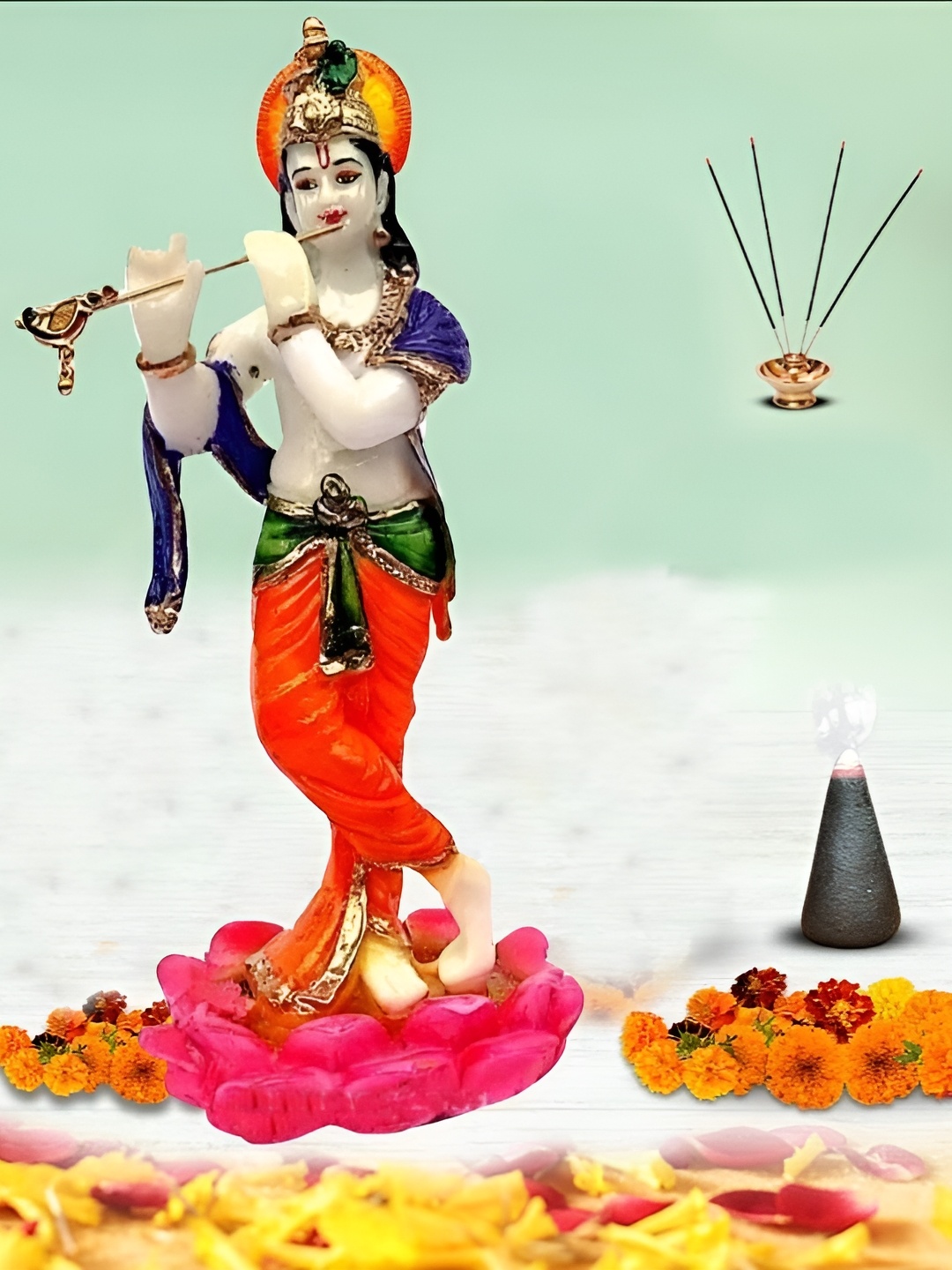 

krishnagallery1 White & Orange Religious Marble Showpiece