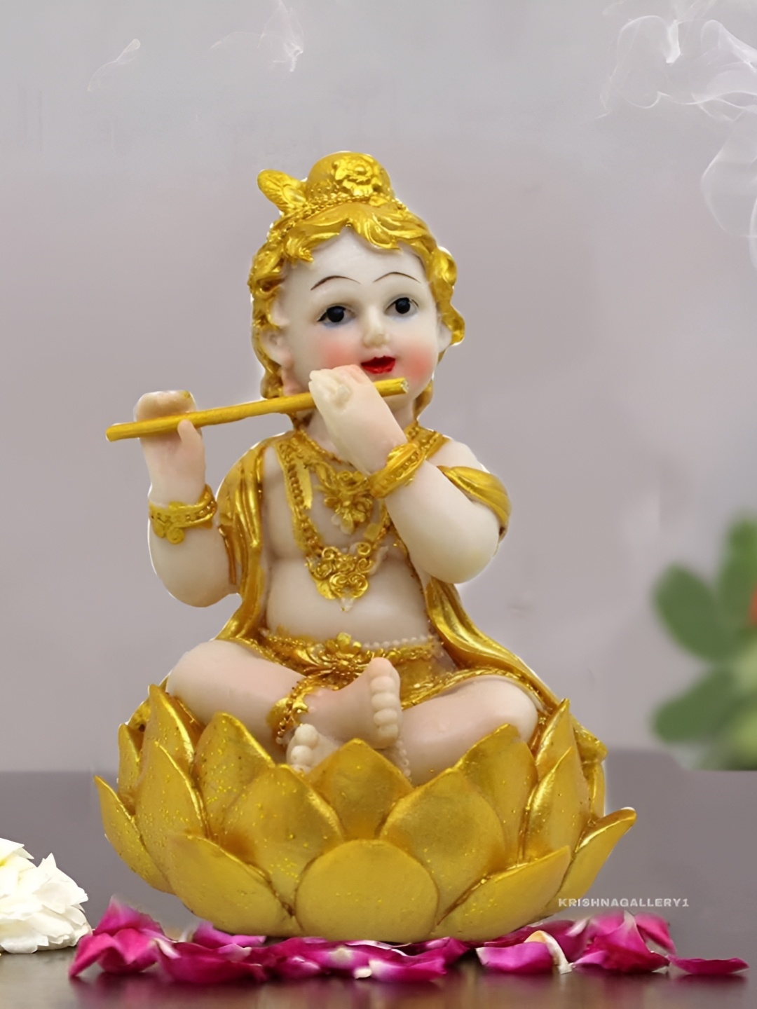 

krishnagallery1 GoldToned FLord Krishna Murti Makhan Chor Marble Finish Showpiece, Gold