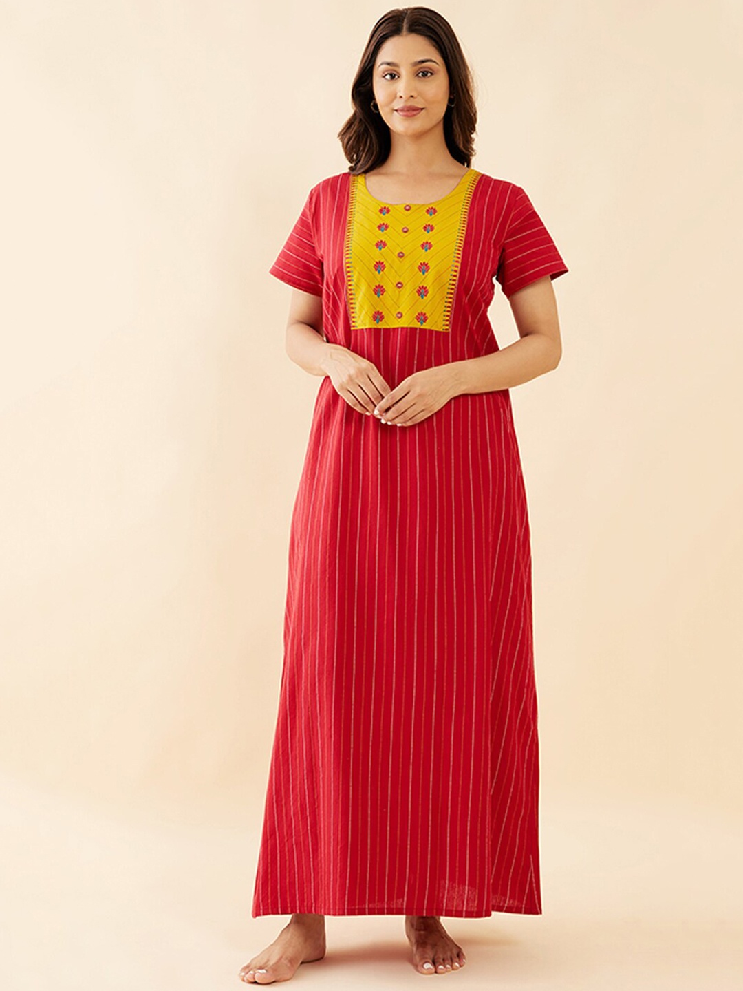 

Maybell Floral Embroidered V Neck Pure Cotton Maxi Everyday Nightdress, Red
