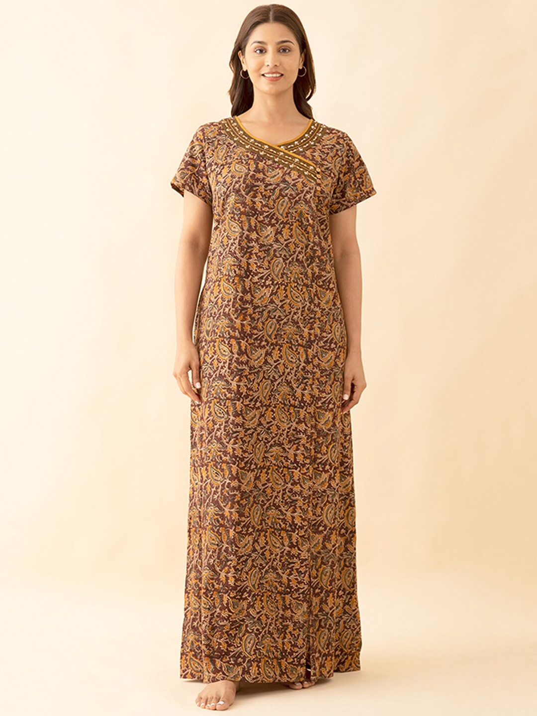 

Maybell Floral Printed V Neck Pure Cotton Maxi Everyday Nightdress, Brown