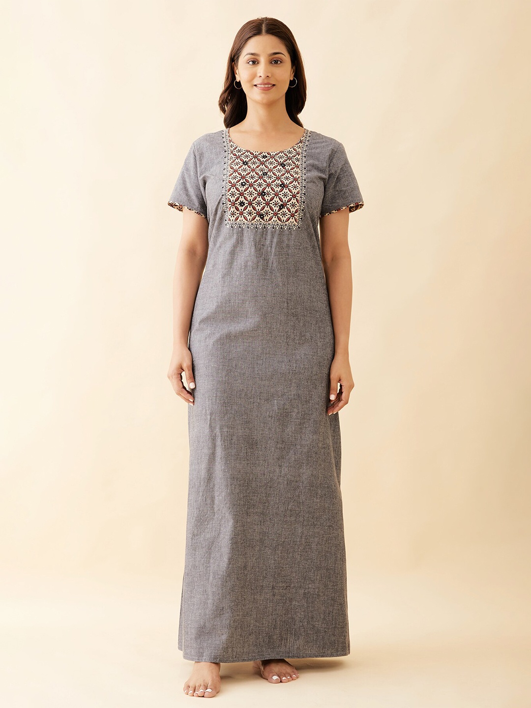 

Maybell Floral Yoke Printed Pure Cotton Maxi Everyday Nightdress, Grey