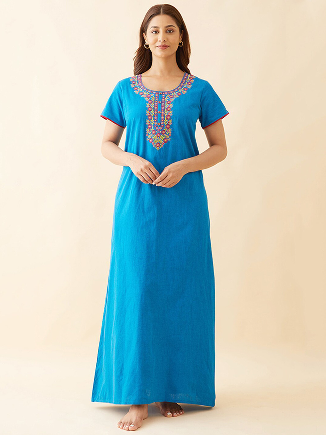 

Maybell Floral Embroidered Pure Cotton Maxi Everyday Nightdress, Blue
