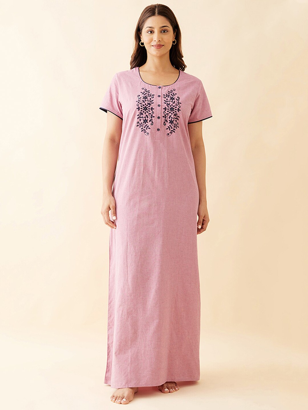 

Maybell Floral Embroidered Pure Cotton Maxi Everyday Nightdress, Pink