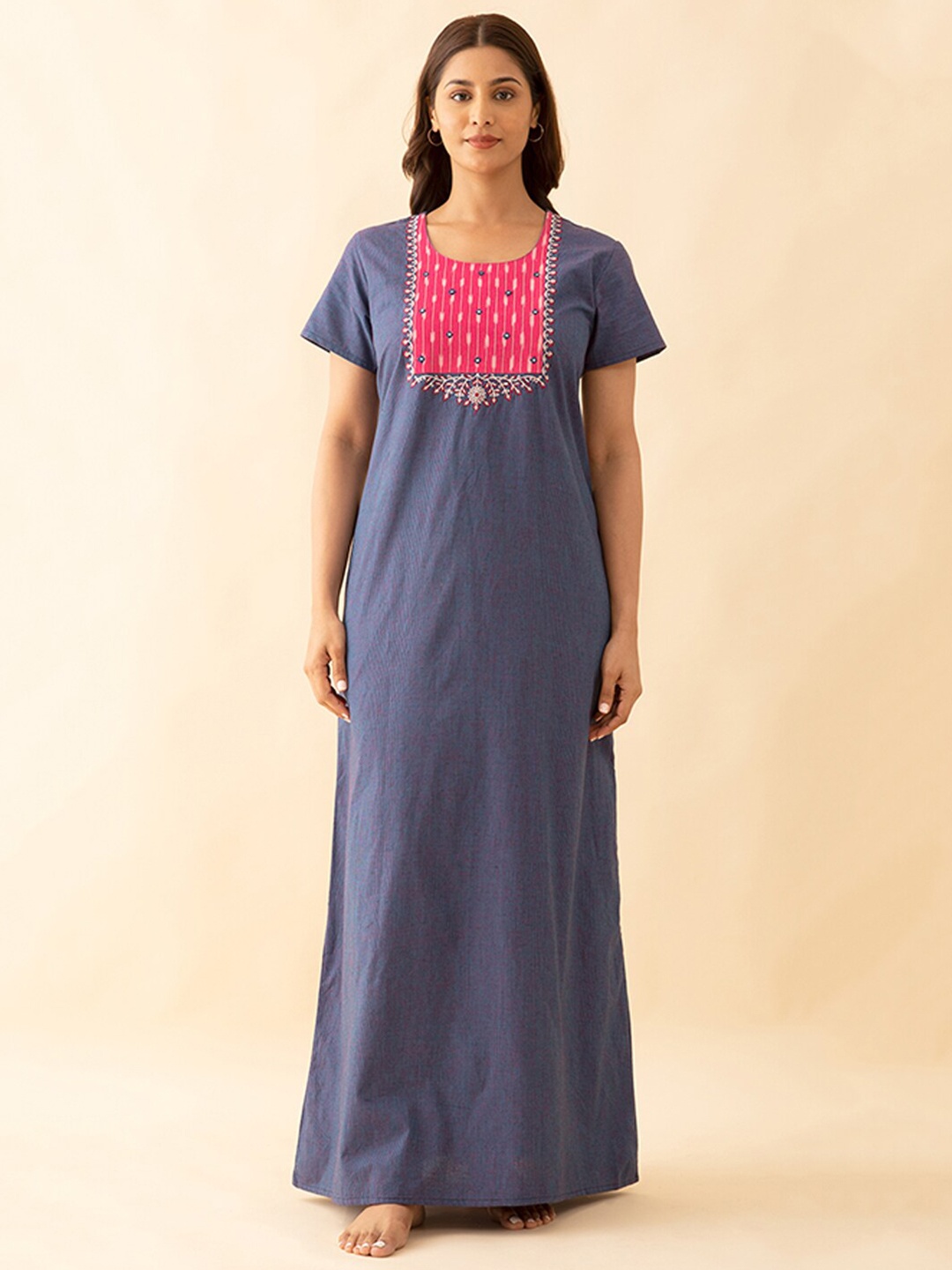 

Maybell Floral Embroidered Pure Cotton Maxi Everyday Nightdress, Blue