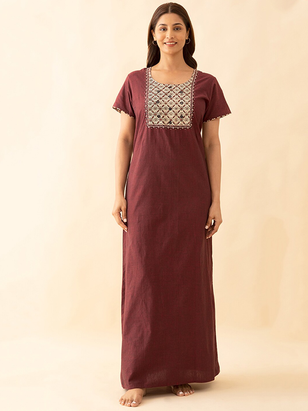 

Maybell Floral Embroidered Pure Cotton Maxi Everyday Nightdress, Maroon