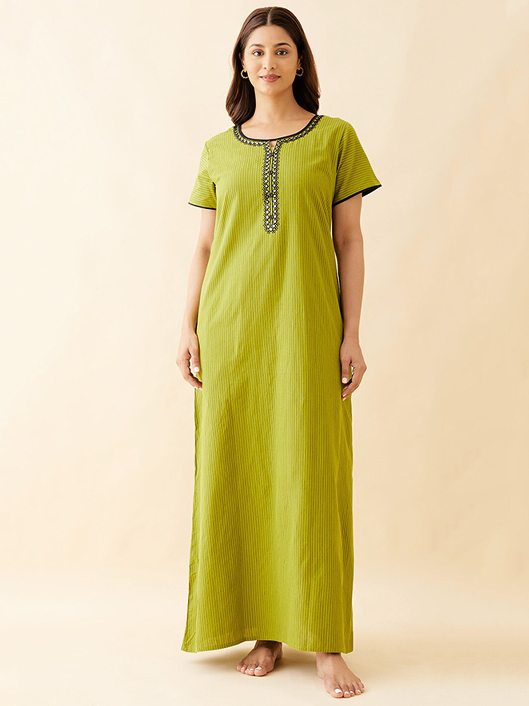 

Maybell Floral Embroidered Pure Cotton Maxi Everyday Nightdress, Green