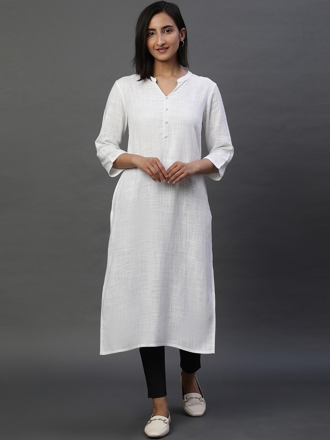 

AURELIA Mandarin Collar Straight Kurta, White