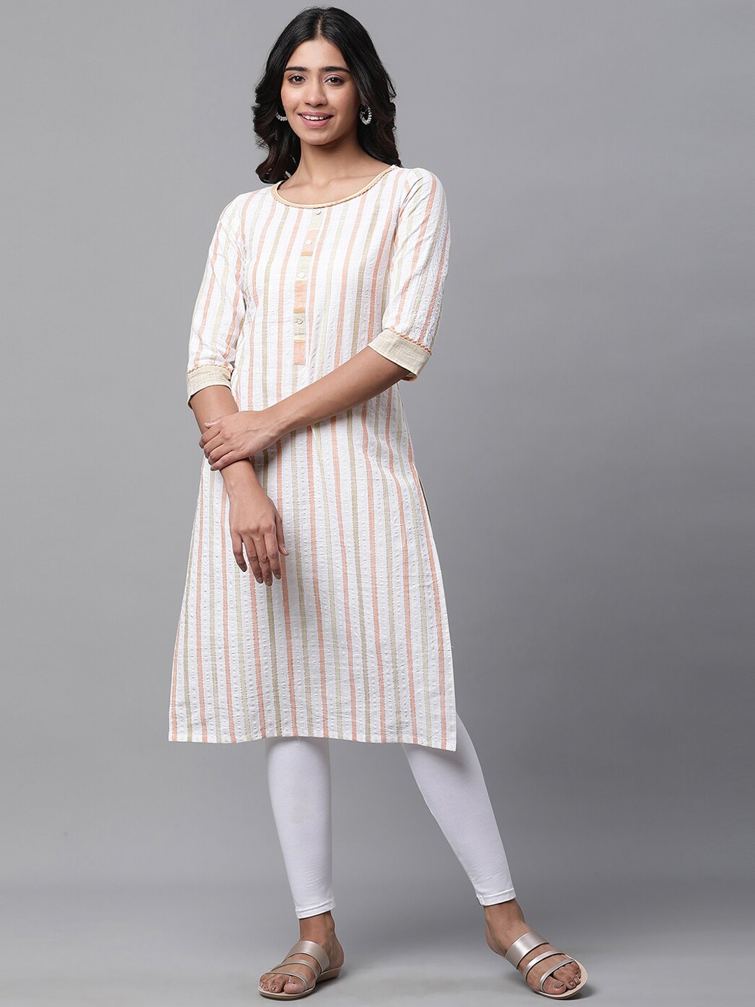 

AURELIA Striped Dyed Round Neck Straight Kurta, Peach