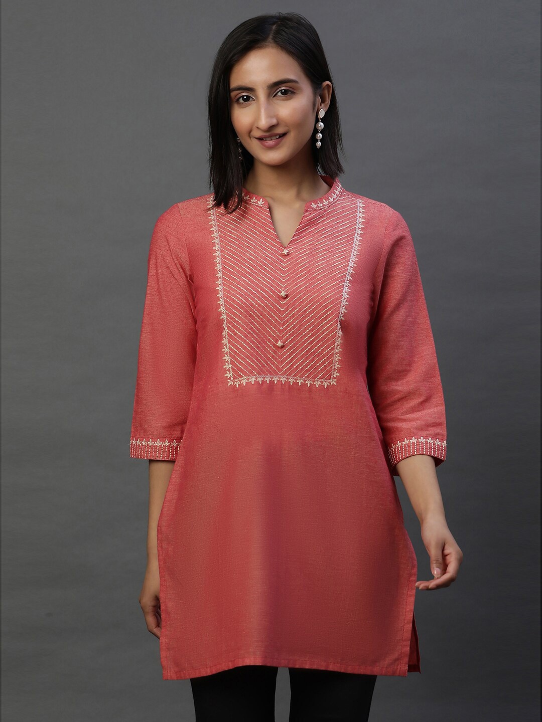 AURELIA Yoke Design Thread Work Mandarin Collar Pure Cotton Kurti, Red