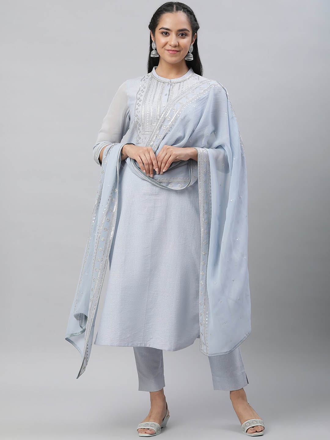 

AURELIA Sequinned Pure Band Collar Cotton Kurta With Trousers And Dupatta, Blue