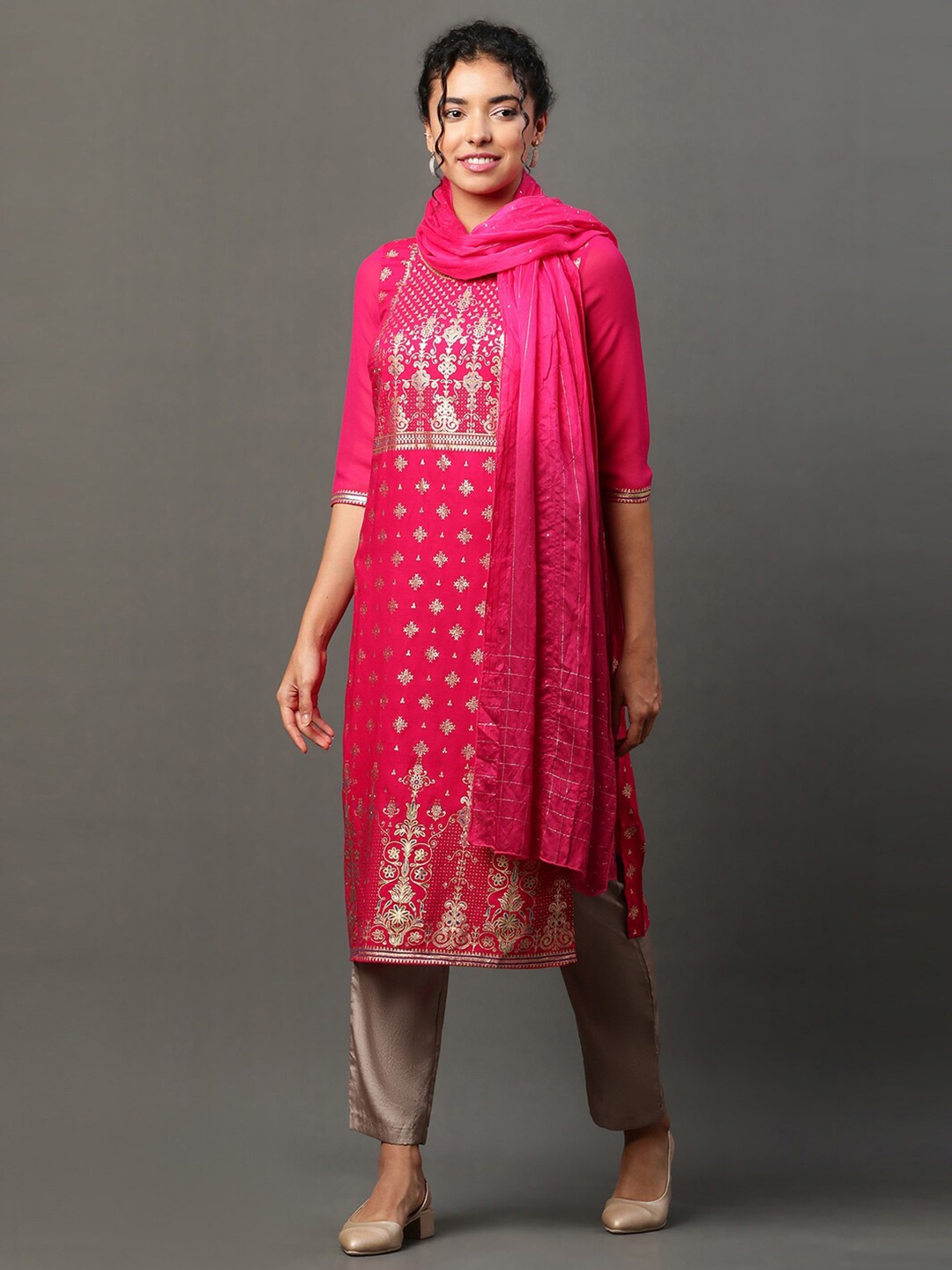 

AURELIA Striped Sequinned Pure Cotton Dupatta, Pink