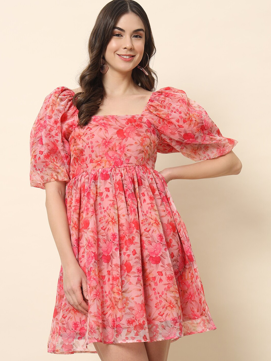 

Trend Arrest Floral Printed Puff Sleeve Organza Fit & Flare Dress, Pink