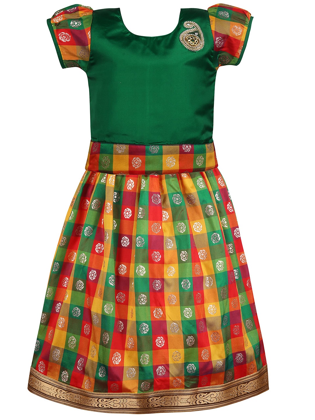 

Wish Karo Girls Ethnic Motifs Woven Design Zari Ready to Wear Lehenga & Blouse, Green