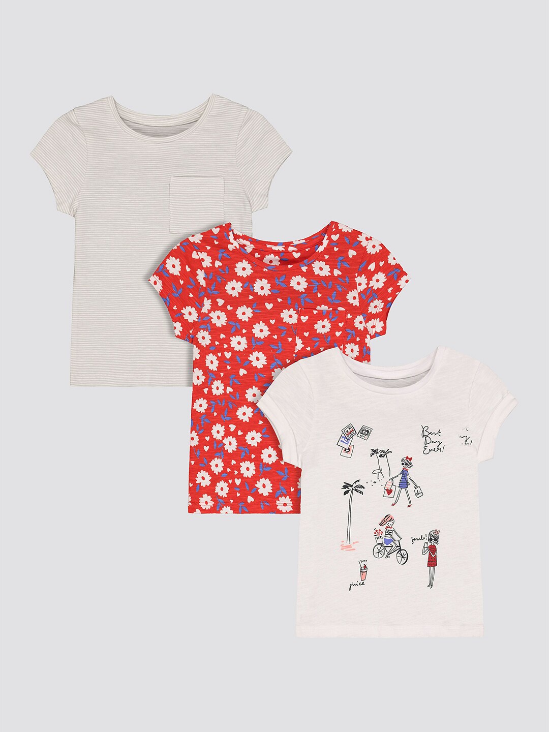 

mothercare Girls Pack of 3 Printed Pure Cotton T-shirts, Red