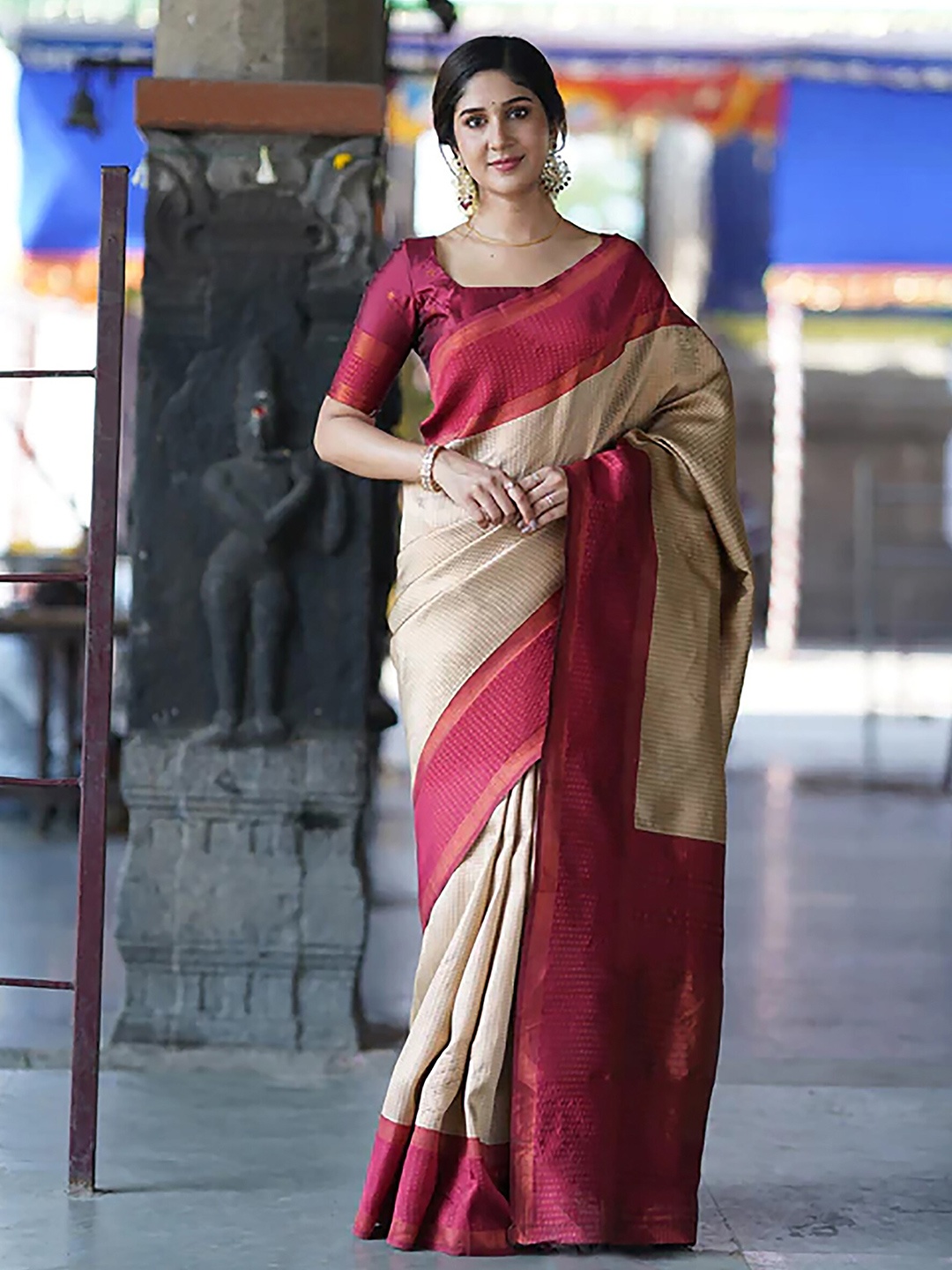 

Aldwych Woven Design Striped Designer Banarasi Saree, Beige