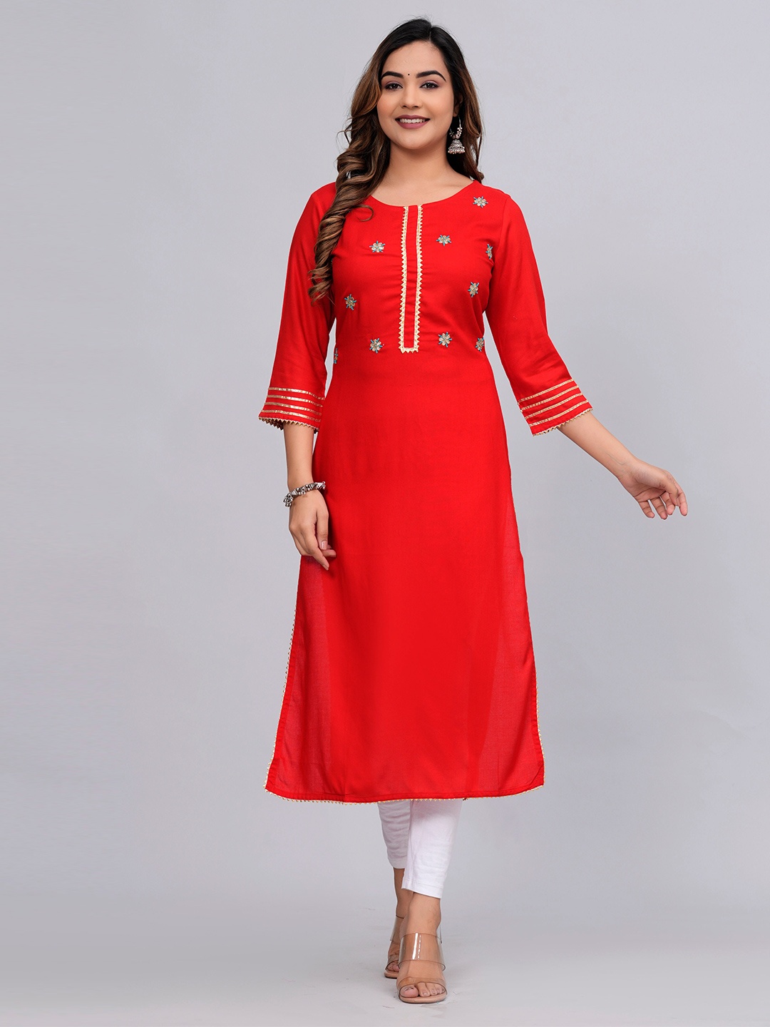 

MAUKA Sequined Embellished Round Neck Regular Straight Kurta, Red