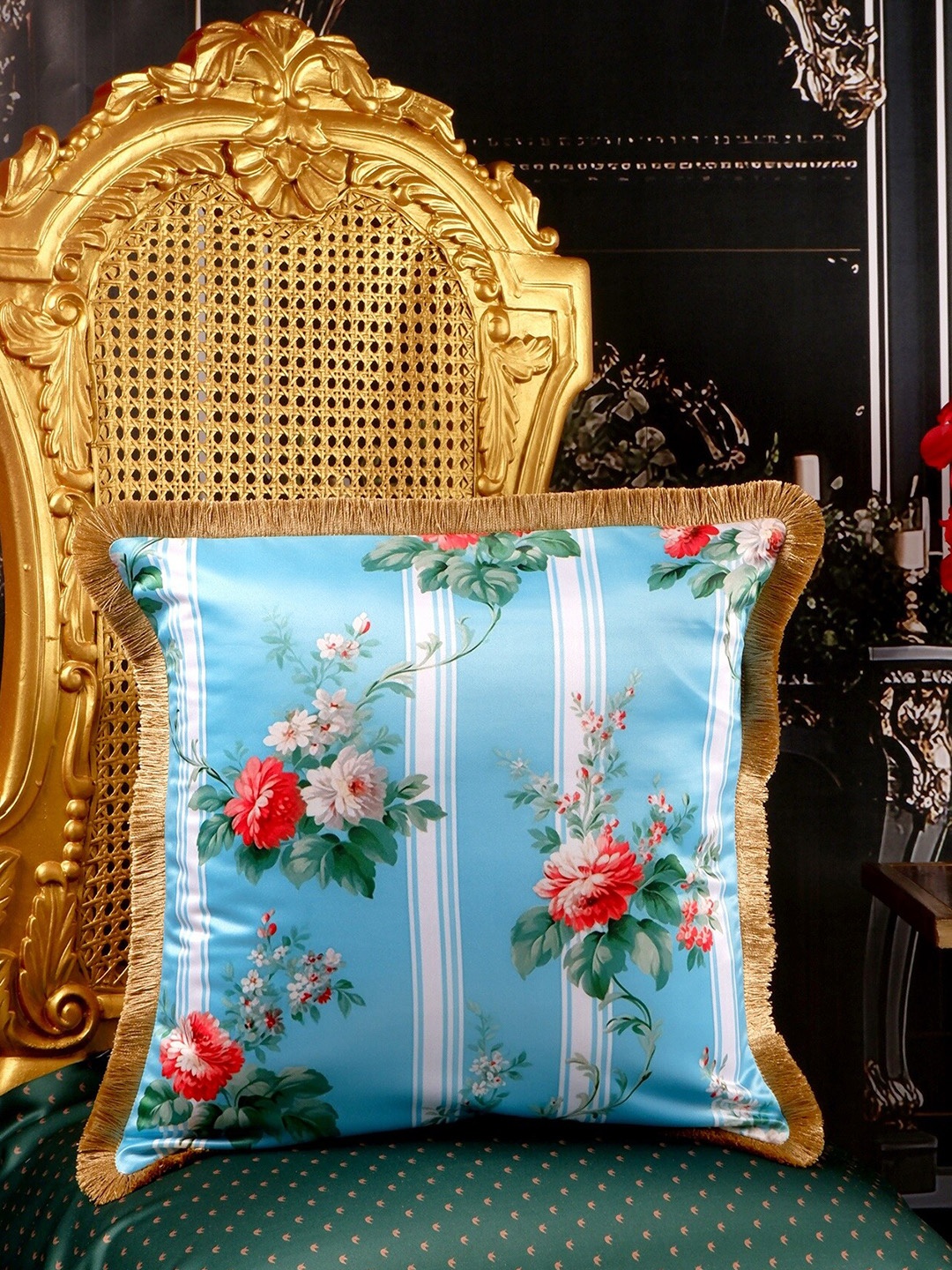 

THE WHITE INK DECOR Blue & White Floral Satin Square Cushion Cover