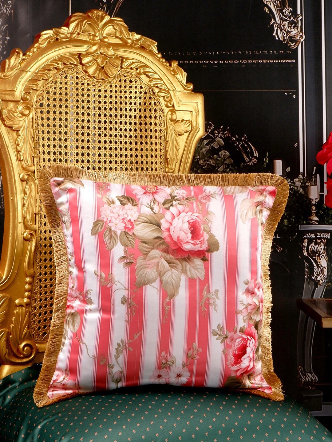 

THE WHITE INK DECOR Red & White Floral Satin Square Cushion Cover