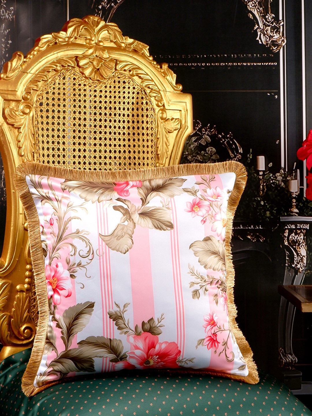 

THE WHITE INK DECOR Pink & White Floral Satin Square Cushion Cover