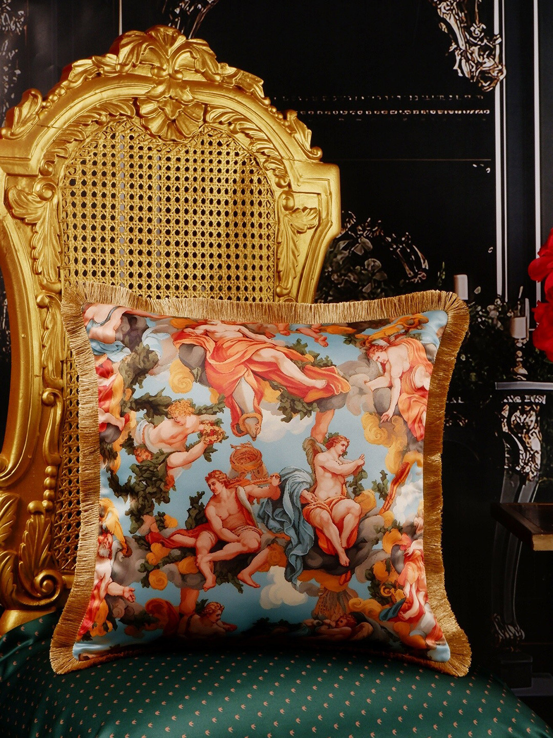 

THE WHITE INK DECOR Red & White Floral Satin Square Cushion Cover