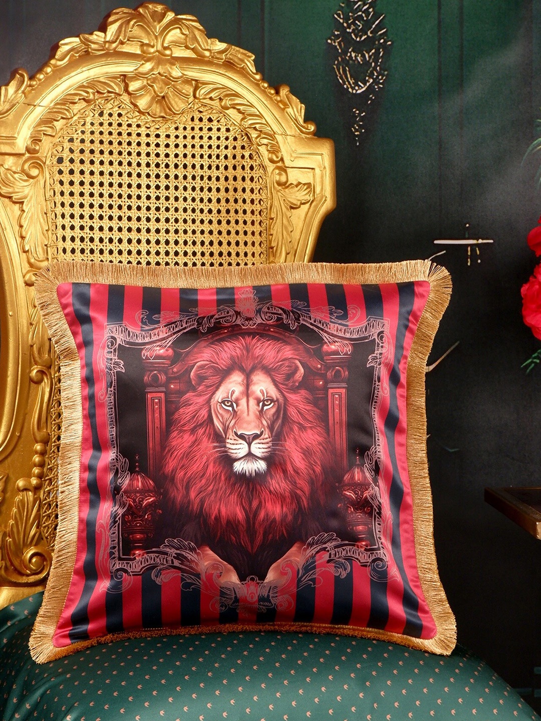 

THE WHITE INK DECOR Red & Gold Toned Striped Satin Square Cushion Covers